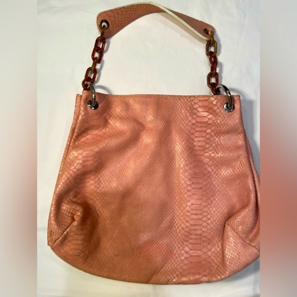 Pink Faux leather bag with tortoise like handle, 12” x 13”